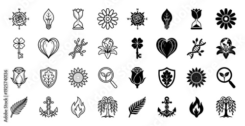 Collection of hybrid botanical and symbolic line icons featuring a rose compass leaf lightbulb clover key heart and DNA helix in outline and solid styles