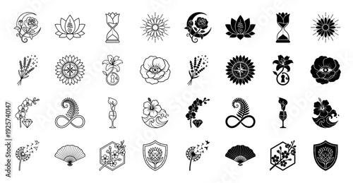 Collection of hybrid floral and mystical icons featuring rose moon lotus unalome sunflower compass and botanical hourglass in line and silhouette style
