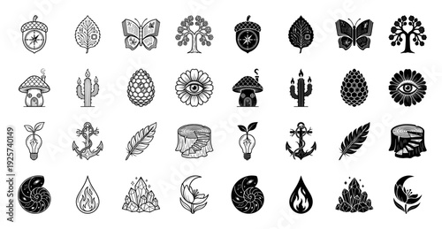 Collection of hybrid nature icons merging organic elements with symbolic objects in linear and solid styles featuring celestial and botanical motifs