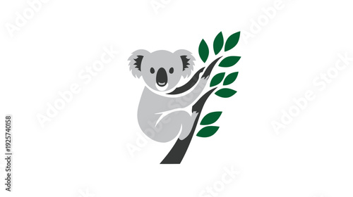 A stylized illustration of a koala bear clutching a tree branch adorned with green leaves