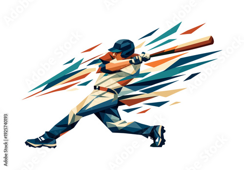 Low-poly vector illustration of a baseball batter initiating the swing, explosive rotational motion with elongated angular arms