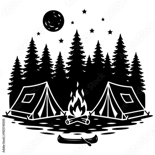 Night Camping Scene with Tents, Campfire, and Forest Silhouette. A black and white vector-style illustration of a campsite featuring two tents, a glowing campfire, a canoe, and a dense pine forest