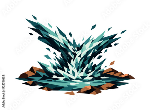 Low-poly vector illustration of an oasis water splash under peak tension, splash compressed into dense angular planes as opposing