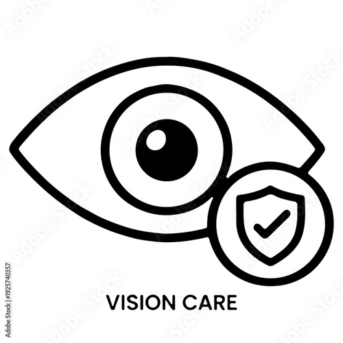 Vision Care and Eye Protection Health Icon. A modern minimalist icon representing vision care, featuring a human eye combined with a shield and checkmark symbol to denote safety and protection.