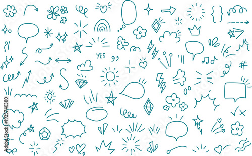 Hand-drawn Doodles Set, show stars, arrows, speech, bubbles flowers, clouds, sun, diamonds, hearts, crowns and Vector shape, Icon set.