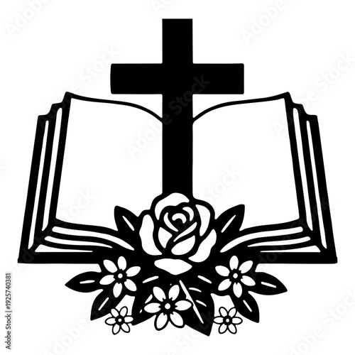 Open Bible with Holy Cross and Roses Floral Illustration. A black and white graphic featuring a Christian cross behind an open Bible, decorated with a large rose and smaller flowers at the base.