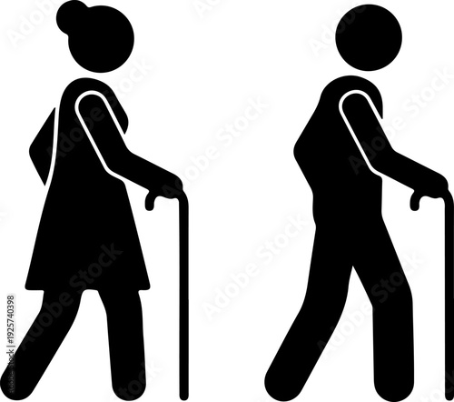 Elderly Couple Walking with Canes Silhouette- A black silhouette of an older woman and man walking forward while using walking sticks or canes for support.