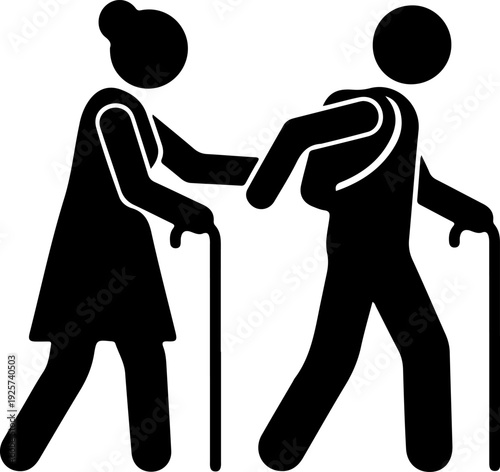 Senior Couple Hiking with Backpack and Walking Canes -Silhouette of an elderly man with a backpack leading an elderly woman, both using walking sticks while hiking or traveling.