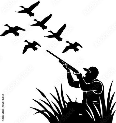 Hunter Aiming Shotgun at Flying Ducks Silhouette -A black silhouette showing a hunter in tall grass aiming a shotgun at a flock of six ducks flying overhead.