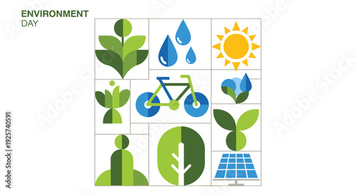 Environmental icon set, 9 icons. Includes eco-friendly symbols like leaves, recycling, solar panel, and bicycle. Created in flat style with green and blue palette.
