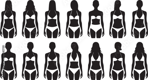 Collection of Black Silhouette Female Figures in Swimwear on White Background