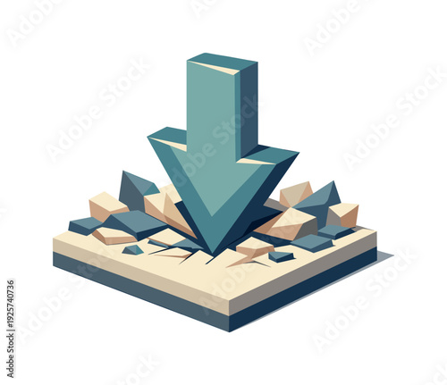 Low-poly vector illustration of the aftermath of a download arrow impact representing completion, arrow fully embedded and stable