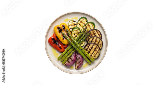 Grilled vegetables on a white plate with bell peppers, zucchini, asparagus, eggplant, and red onion, drizzled with olive oil isolated PNG with Transparent Background