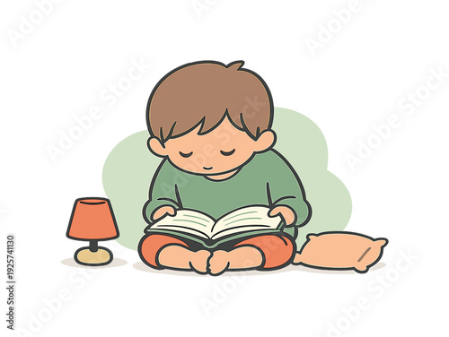 Cute cartoon child engrossed in reading a book with a lamp and pillow nearby