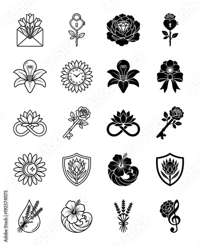 Collection of minimalist floral hybrid icons merging botanical elements with symbolic objects like locks clocks infinity signs and musical notes