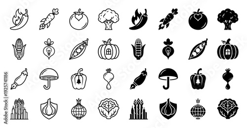 Surreal vegetable hybrid icon set featuring conceptual mashups like a carrot rocket chili pepper flame and corn battery in line and solid styles