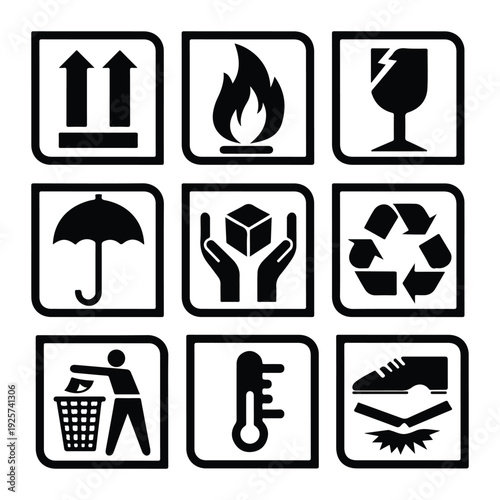 Set of standard packaging and cargo handling icons for shipping boxes, including fragile, flammable, and recycle signs