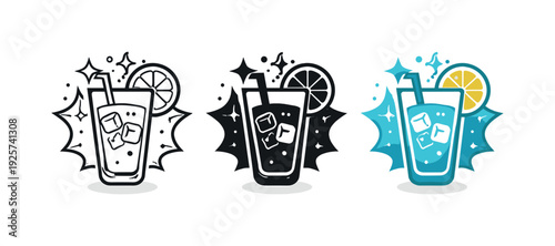 Refreshing iced drink with lemon and straw, presented in three distinct graphic styles