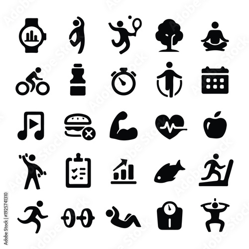 Comprehensive collection of health, fitness, and lifestyle icons featuring workout, nutrition, and wellness activities