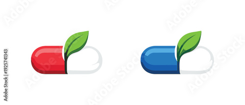 Two capsules, one red and one blue, with green leaves sprouting from them