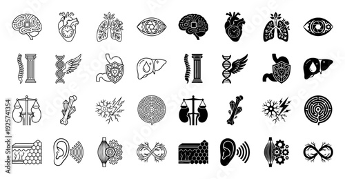 Biomedical engineering icons merging human anatomy with mechanical elements like gears clockwork and circuit boards in outline and solid styles