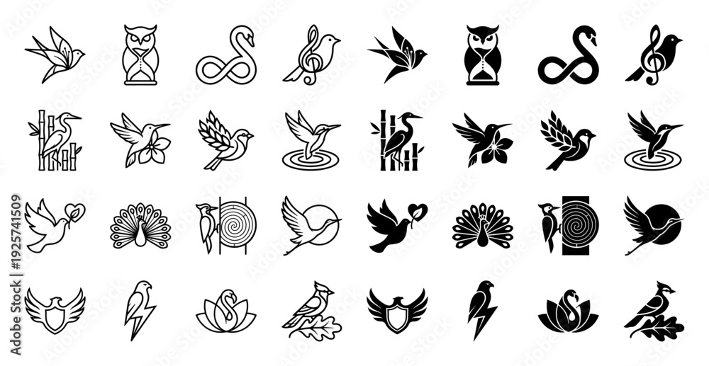 Obraz premium A collection of minimalist hybrid bird icons merging avian silhouettes with conceptual symbols like hourglasses musical notes and infinity loops