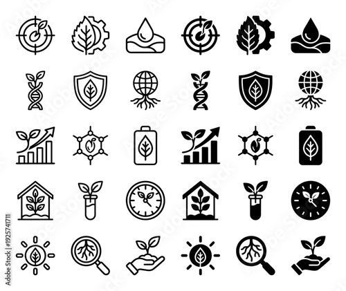 Hybrid icons merging nature with biotechnology featuring plant growth symbols integrated into scientific gear dna and lab equipment elements