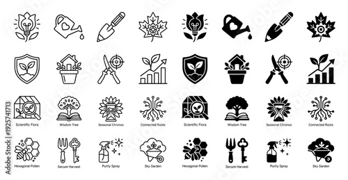 Hybrid botanical garden and agricultural tool icon set featuring conceptual fusions like leaf lightbulbs and honeycomb bees in outline and solid styles