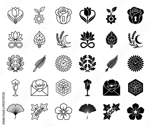 Abstract botanical hybrid icons merging floral elements with symbolic objects like gears keys and clocks in outline and solid silhouette styles
