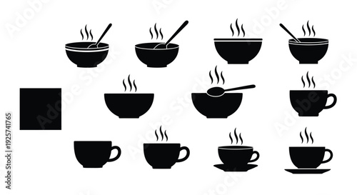 Hot beverages are displayed in various steaming cup shapes.