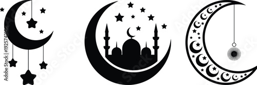 Islamic Ramadan crescent moon silhouettes with stars and mosque, decorative Eid Mubarak vector design set, religious lantern elements for Muslim holiday celebration