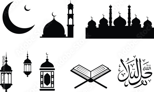 Islamic Silhouette Icon Set with Mosque, Crescent Moon, Lanterns, Holy Quran, and Arabic Calligraphy for Ramadan Kareem, Eid Al-Fitr, and Muslim Religious Celebration