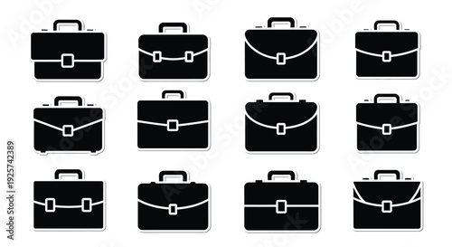 Twelve different styles of black briefcases are shown here.