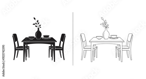 Dining room set with table and chairs shown in two styles.