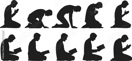 Muslim man praying and reading Quran silhouette set, Ramadan Kareem background with mosque, crescent moon, and hanging lanterns for Islamic Eid celebration design