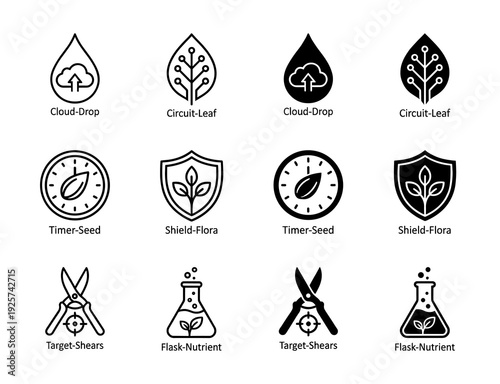 Collection of hybrid agrotech icons featuring smart farming symbols like circuit leaf cloud drop timer seed shield flora target shears and nutrient flask