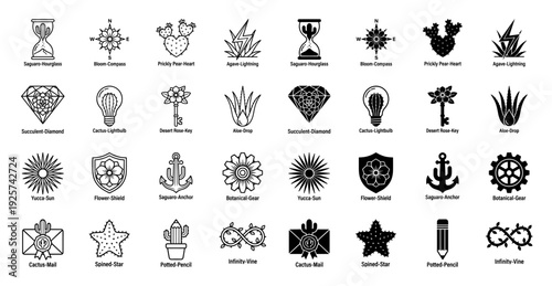 Collection of botanical hybrid icons merging desert plants with everyday objects featuring succulent hourglass cactus lightbulb and agave lightning bolt designs