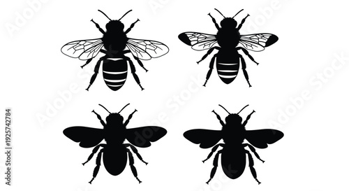 Bee insects feature detailed outlines and solid silhouettes.