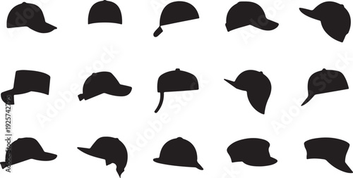 Collection of Black Silhouettes of Various Hats and Caps on a White Background headwear