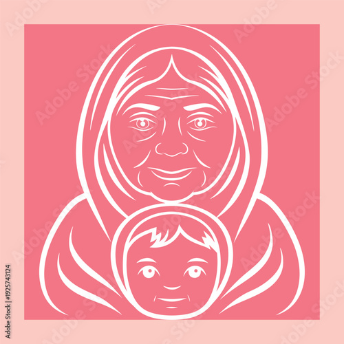 Elegant vector illustration of a grandmother embracing her grandchild, showcasing family love and generational connection in a minimalist style.