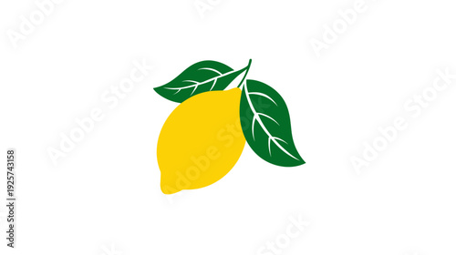 A cartoon image depicting a vibrant yellow lemon with two green leaves on a white background