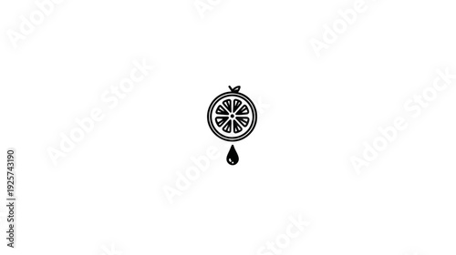 A black and white illustration of a sliced citrus fruit with a single juice drop