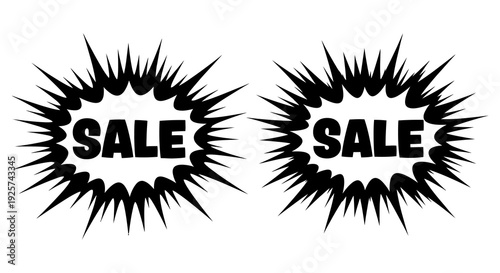 Two black comic book style speech bubbles displaying the word sale