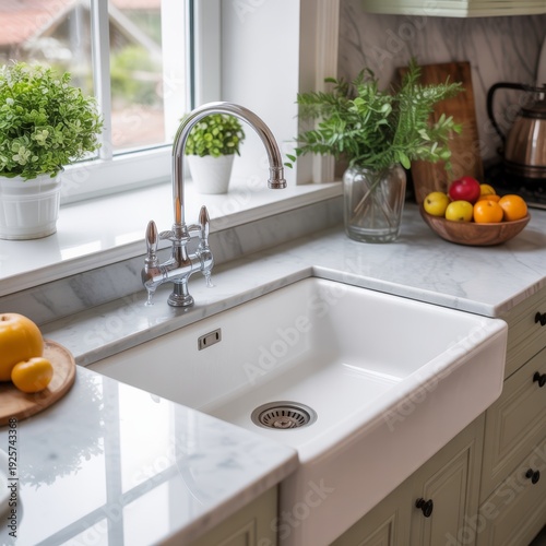 Soft farmhouse kitchen scene with a white sink, wooden boards, and plants in natural daylight, forming a calm minimalist composition with clean textures and gentle tones.