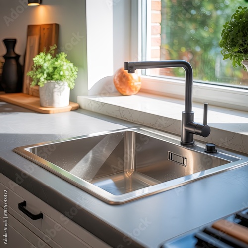 Minimalist kitchen still‑life frame showing metal, wood, and soft light across a tidy workspace, shaping a tranquil light‑filled environment.