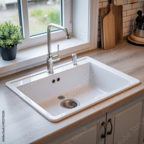 Minimalist kitchen still‑life frame showing smooth surfaces, subtle shadows, and greenery near a window, shaping a tranquil light‑filled environment.