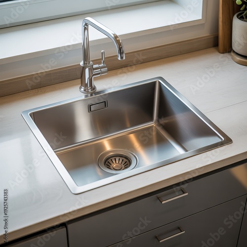 Soft modern kitchen setup featuring a steel basin, curved faucet, and gentle natural light, creating a serene balanced atmosphere with tidy geometry and subtle greenery.