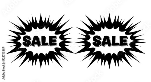 Two comic book style sale bursts with spiky edges and bold text