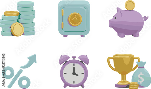 Saving money and financial success icons illustration isolated on white background featuring piggy bank, safe, coins, percentage growth, trophy reward and time management symbols