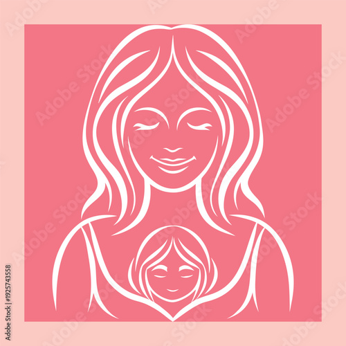 Elegant white line art illustration depicting a loving mother embracing her child, symbolizing maternal bond and family connection, perfect for parenting themes.